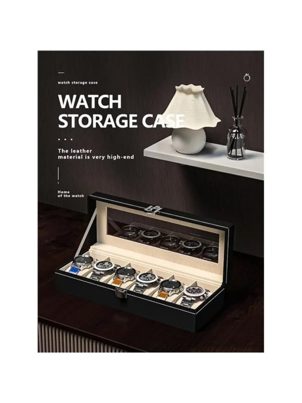 Black Leather Watch Display Box Organizer Case with Glass Lid 6 Slot Storage